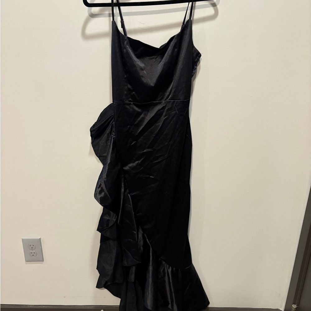 Black Ruffle Satin Slip Dress - Women